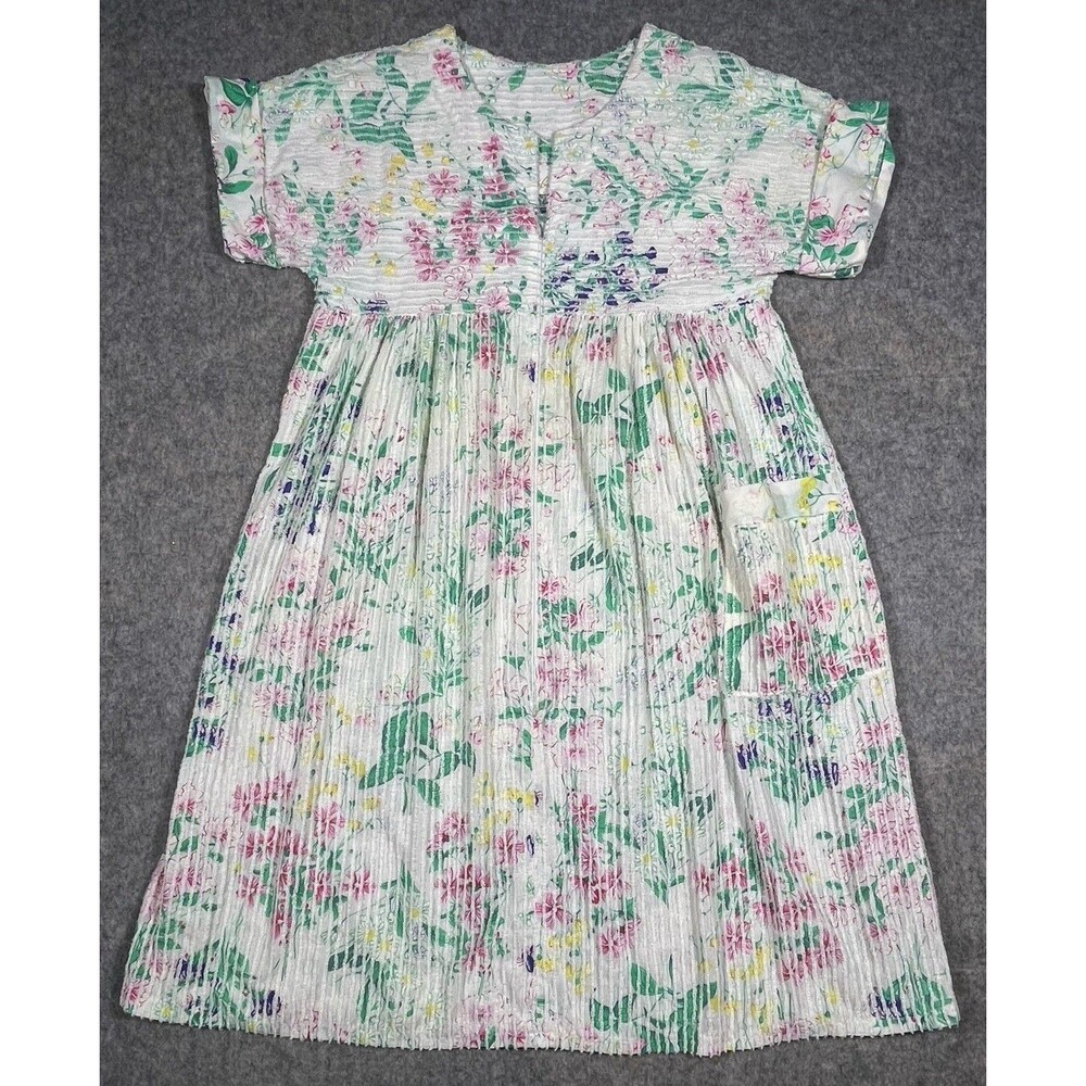 Herbcraft Vintage Floral Chenille Robe Pocket Short Sleeves Zipper Size Medium